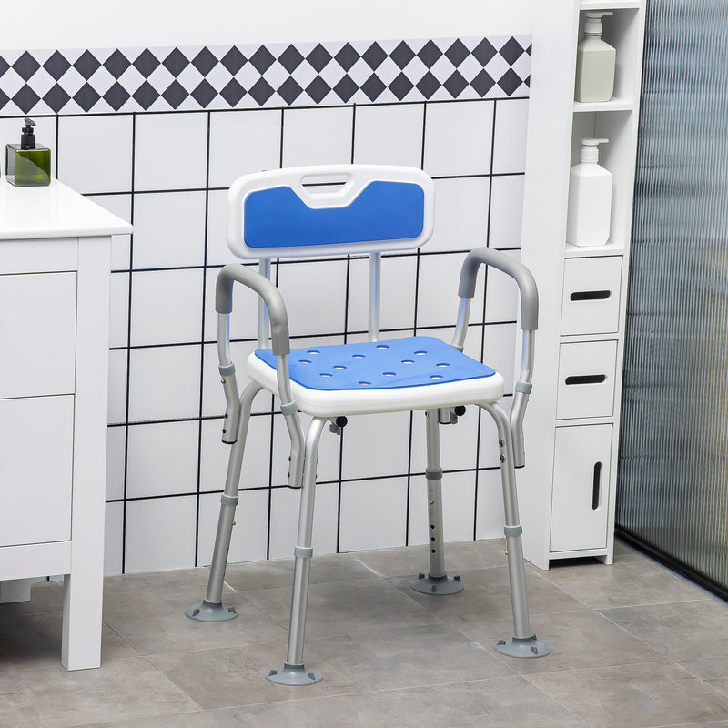 Shower Stools Shower Seat for Elderly and Disabled, EVA Padded, Height Adjustable with Back and Arms, 4 Suction Foot Pads, Blue