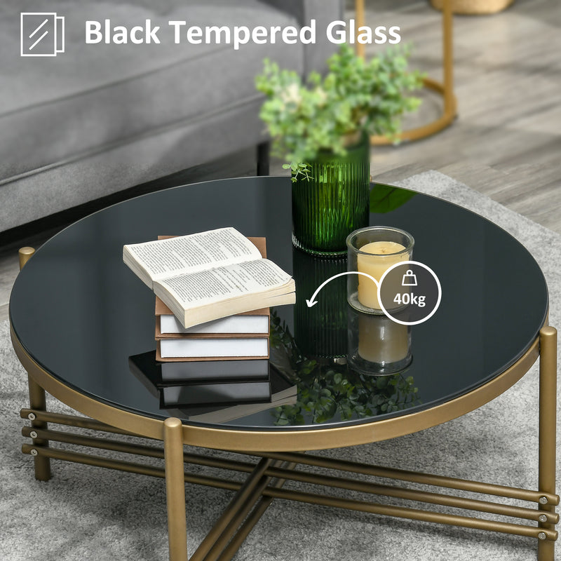 Round Coffee Table with Tempered Glass Top and Golden Metal Legs, Accent Cocktail Table for Living Room
