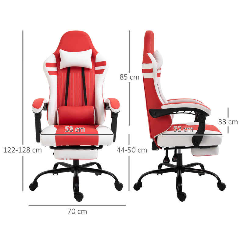 PU Leather Gaming Chair w/ Headrest, Footrest, Wheels, Adjustable Height, Racing Gamer Recliner, Red White