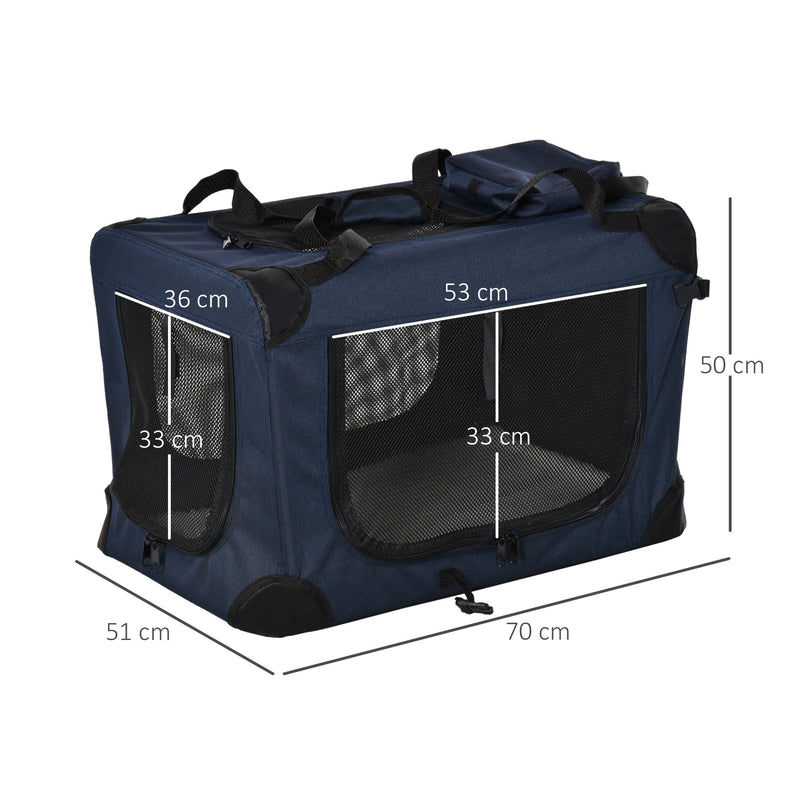 Dog Carrier Bag Folding Cat Carrier Portable Dog Bag Soft Pet Crate w/ Cushion, 70 x 51 x 50 cm, Dark Blue