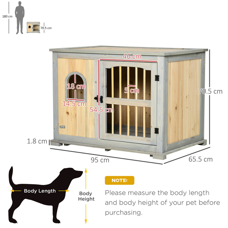 Wooden Dog Crate, End Table w/ Lockable Door and Window for Small and Medium Dog, Grey and Yellow, 95 x 65.5 x 70.5cm