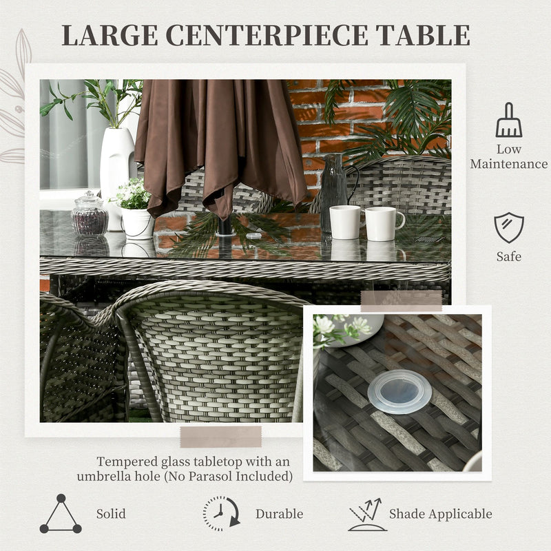 7 Pieces PE Rattan Dining Set Furniture Patio Wicker Furniture with Tempered Glass Table Top, Umbrella Hole and Cushions, Grey