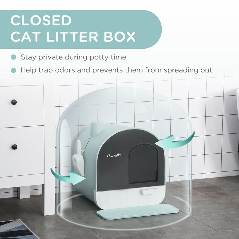 Cat Litter Box Kitten Litter Tray with Hood Scoop Filter Flap Door, 43x44x47 cm, Green