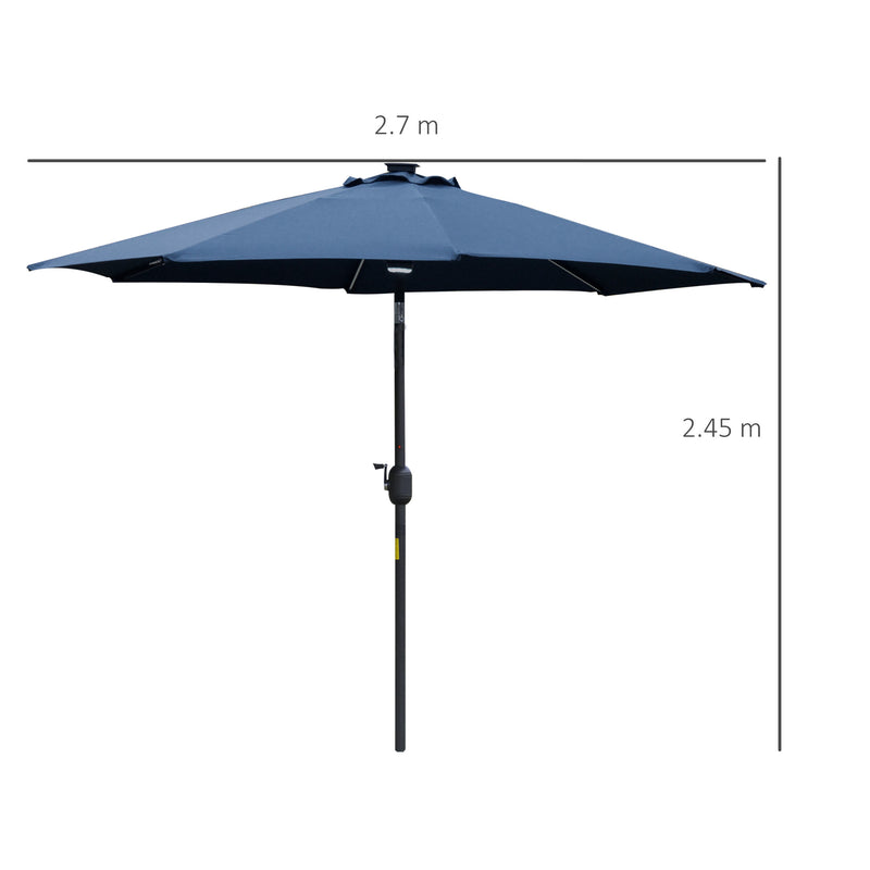 2.7m Garden Parasol Sun Umbrella Patio Summer Shelter w/ LED Solar Light, Angled Canopy, Vent, Crank Tilt, Blue