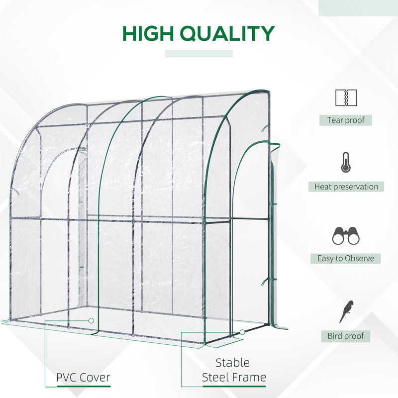 Outdoor Walk-In Lean to Wall Tunnel Greenhouse with Zippered Roll Up Door PVC Cover Sloping Top, Clear, Green 214cm x 118cm x 212cm