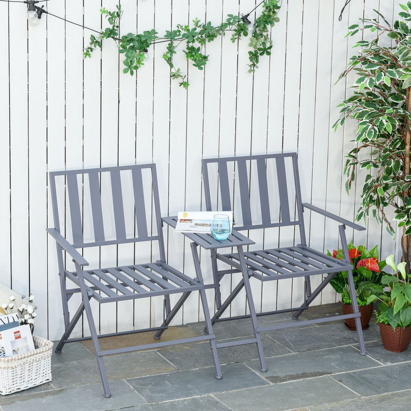 Folding Steel Double Seat Garden Loveseat Bench Patio Chair w/ Table Companion Slatted Garden Patio Outdoor Balcony Furniture Grey