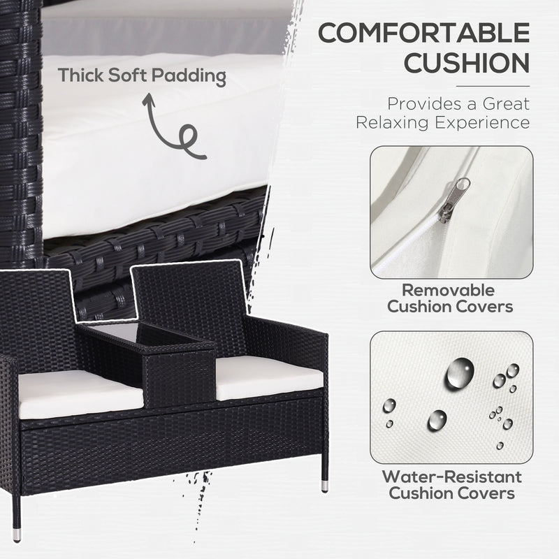 Garden Rattan 2 Seater Companion Seat Wicker Love Seat Weave Partner Bench w/ Cushions Patio Outdoor Furniture (Black)