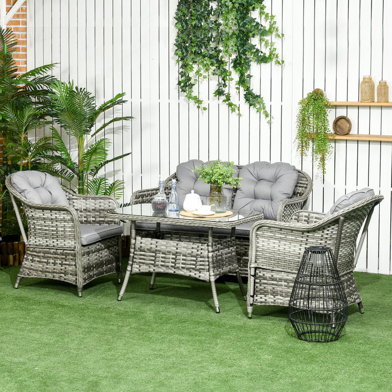 4 Pieces Outdoor PE Rattan Garden Furniture, Patio Round Wicker Woven Conversation Sofa Set w/ Padded Cushions and Tempered Glass Top Table