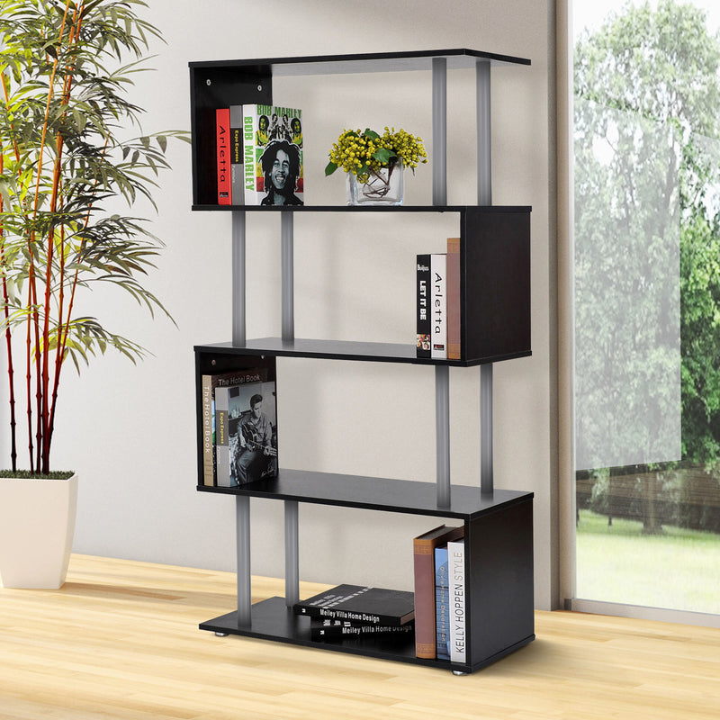 Wooden S Shape Bookcase Bookshelf Dividers Storage Display Unit Black