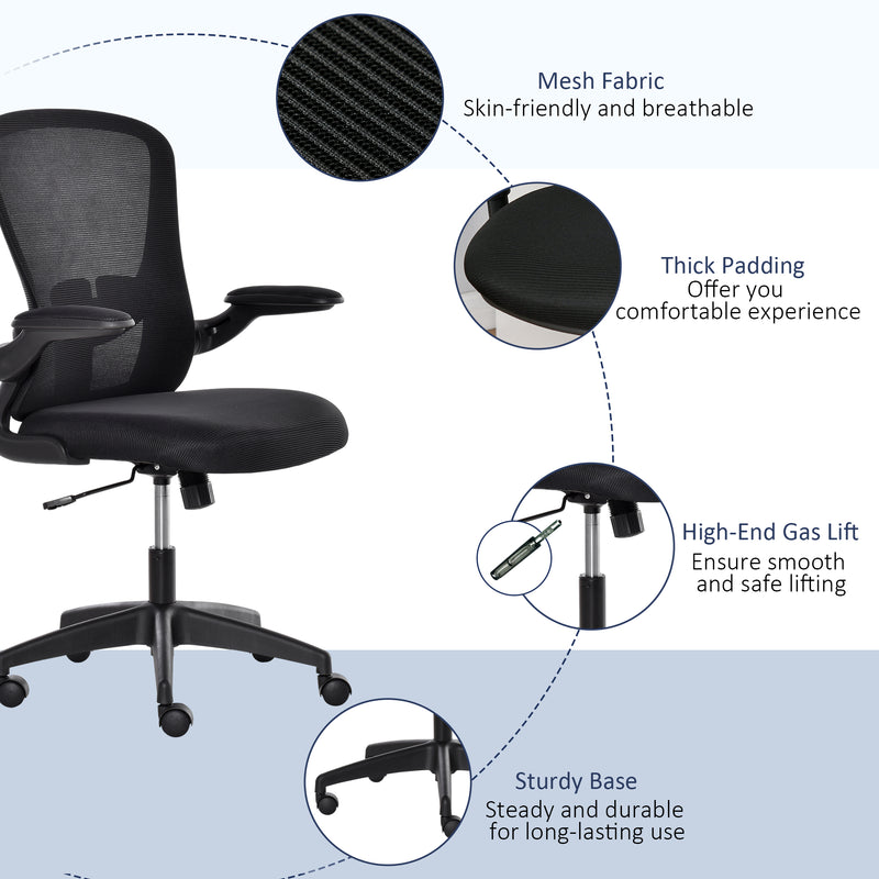 Mesh Office Chair Swivel Task Desk Chair for Home with Lumbar Back Support, Adjustable Height, Flip-Up Arm, Black