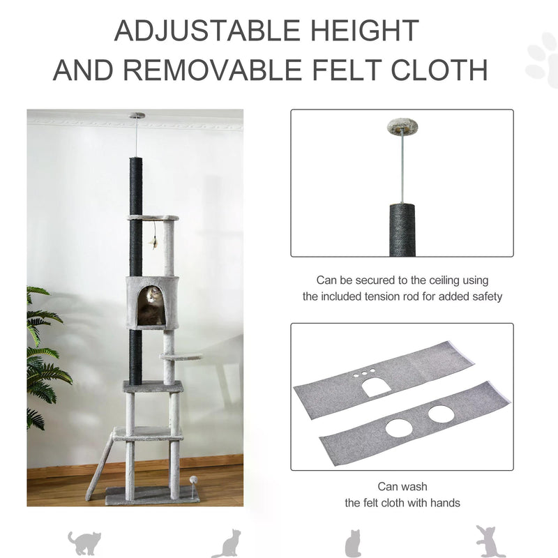 255cm Cat Climbing Tree Adjustable Kitty Activity Center Floor-to-Ceiling Cat Climber Toy with Double Condo Play Rest Post Light Grey