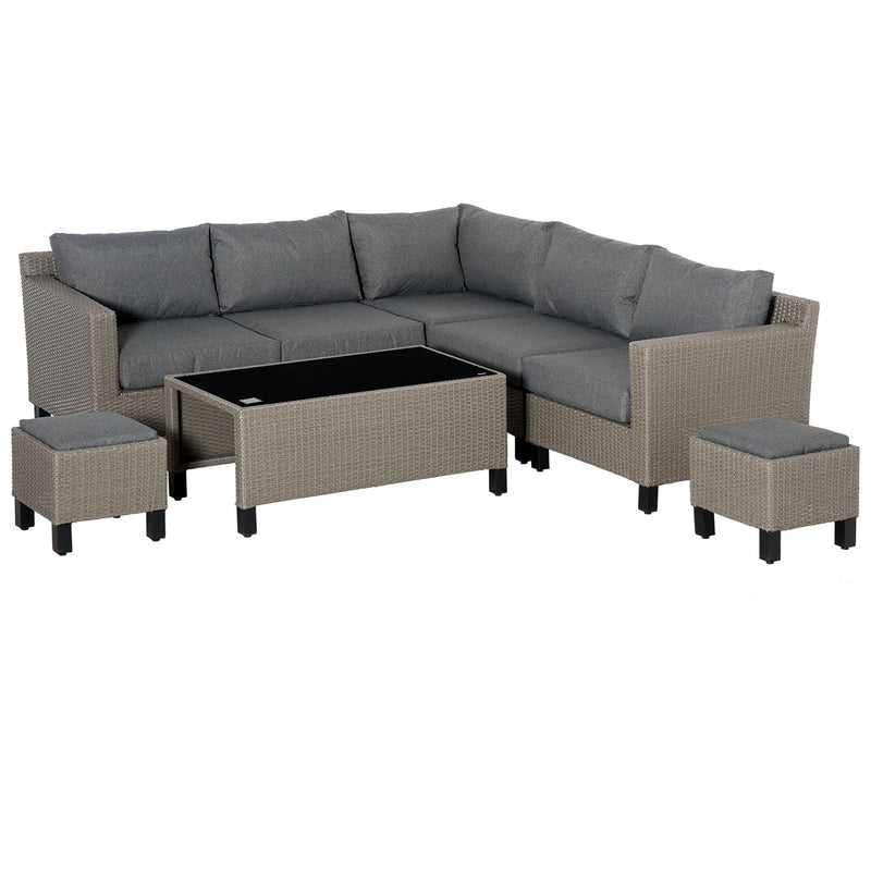 7-Seater PE Rattan Sofa Set Wicker Garden Furniture Patio Conservatory Corner Sofa, w/ Tempered Glass Coffee Table & Cushions, Grey