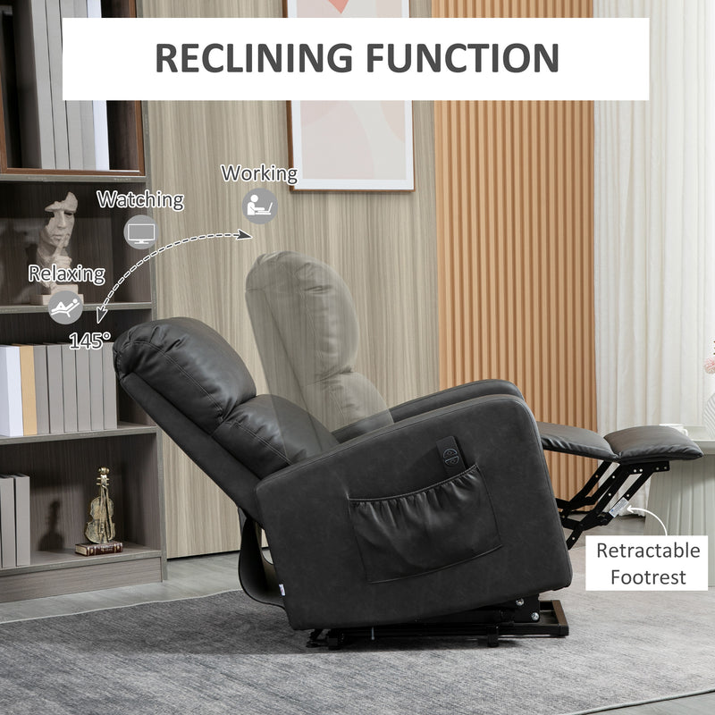 Riser and Recliner Chairs for the Elderly, PU Leather Upholstered Lift Chair for Living Room with Remote Control, Side Pockets, Charcoal Grey