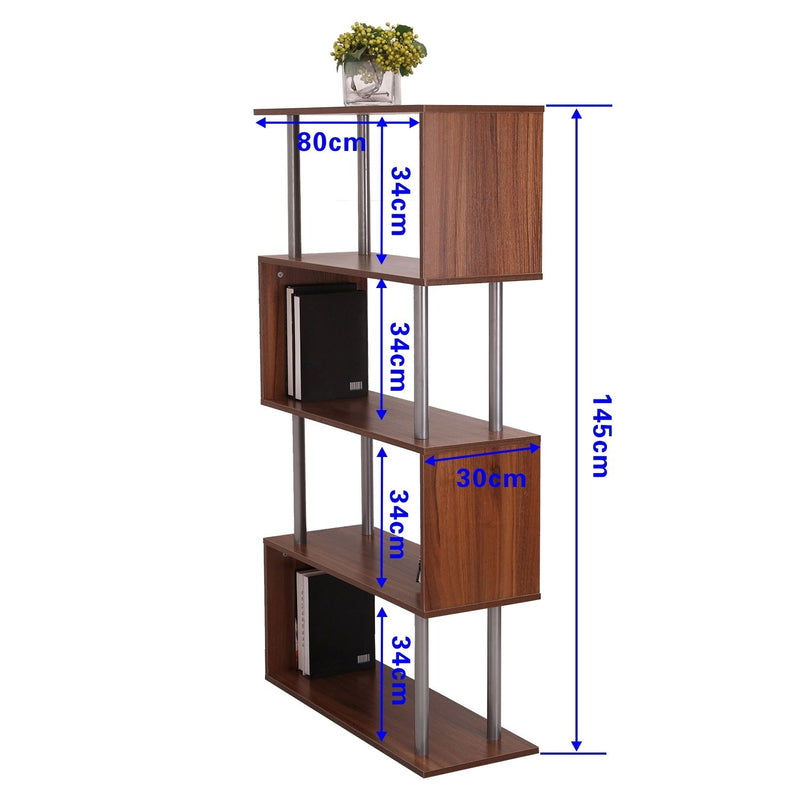 4-Tires Wooden Bookcase S Shape Storage Bookshelf Display for Living Room, Bedroom, Office with Steel Frame, Walnut