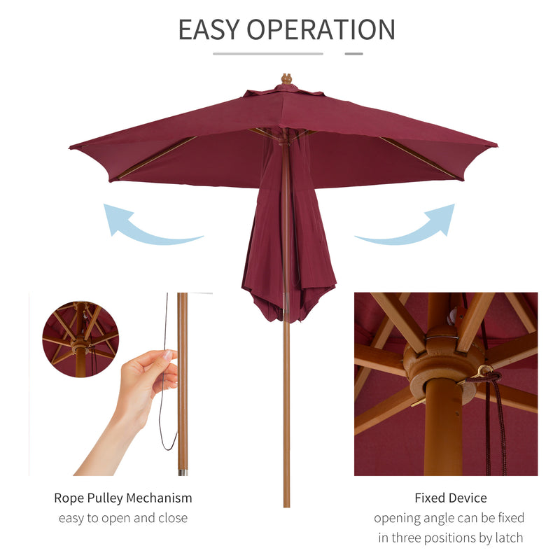 2.5m Wooden Garden Parasol Umbrella-Red Wine