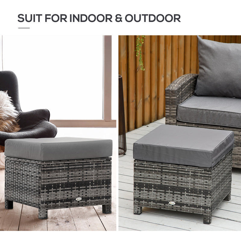 Rattan Footstool Wicker Ottoman with Padded Seat Cushion Outdoor Patio Furniture for Backyard Garden Poolside Living Room 50x50x35cm Grey
