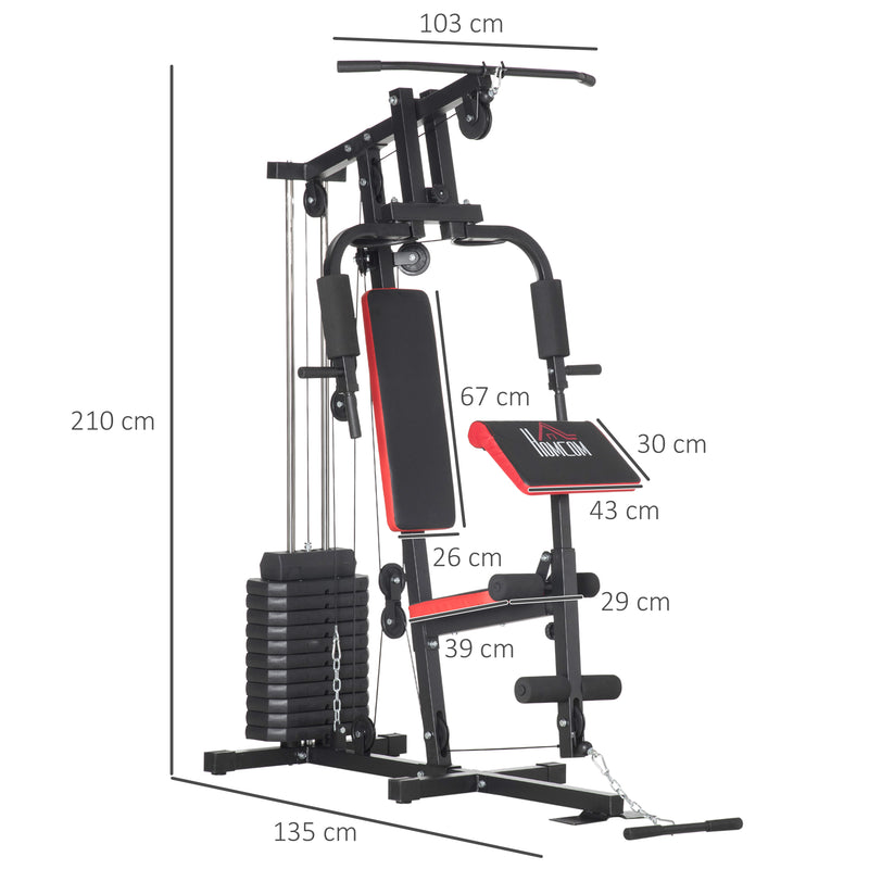 Multi Gym with Weights, Multifunction Home Gym Machine with 66kg Weight Stack for Full Body Workout and Strength Training, Red