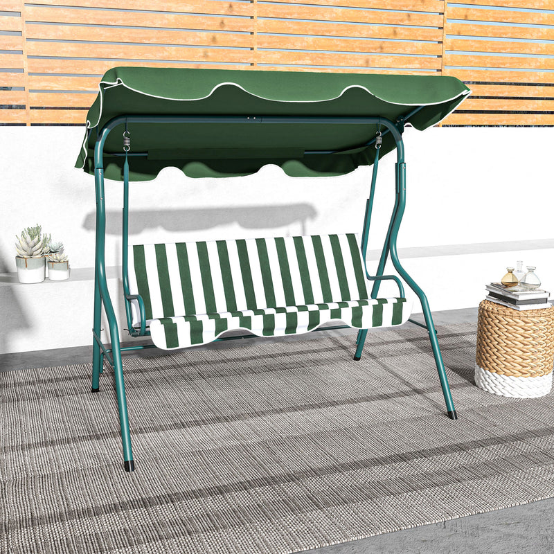 3 Seater Garden Swing Seat Chair Outdoor Bench with Adjustable Canopy and Metal Frame, Green Stripes