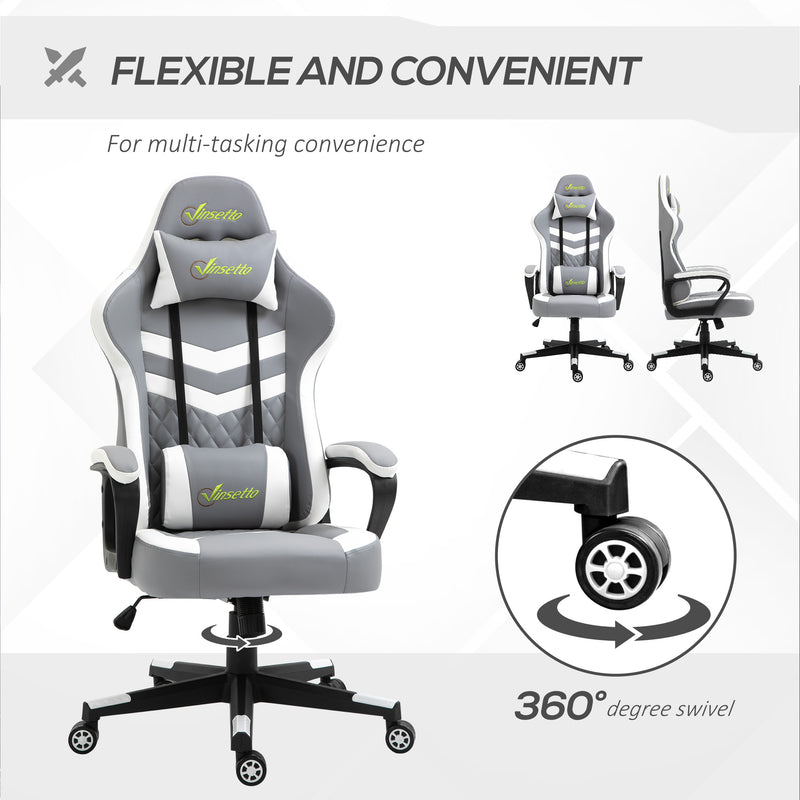 Racing Gaming Chair with Lumbar Support, Headrest, Swivel Wheel, PVC Leather Gamer Desk Chair for Home Office, Grey White