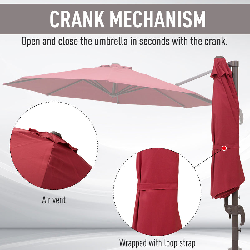 3m Cantilever Aluminium Frame 360 Rotation Hanging Parasol w/ Cross Base Wine Red