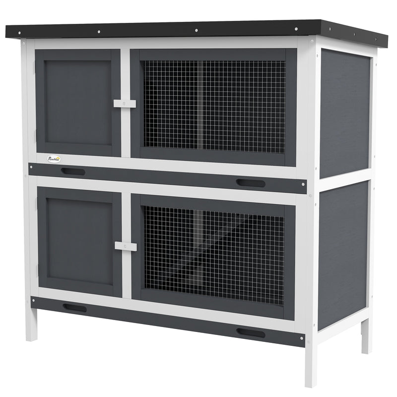 Double Decker Rabbit Hutch 2 Tier Guinea Pig House Pet Cage Outdoor with Sliding-out Tray, 100x47x91cm, Grey
