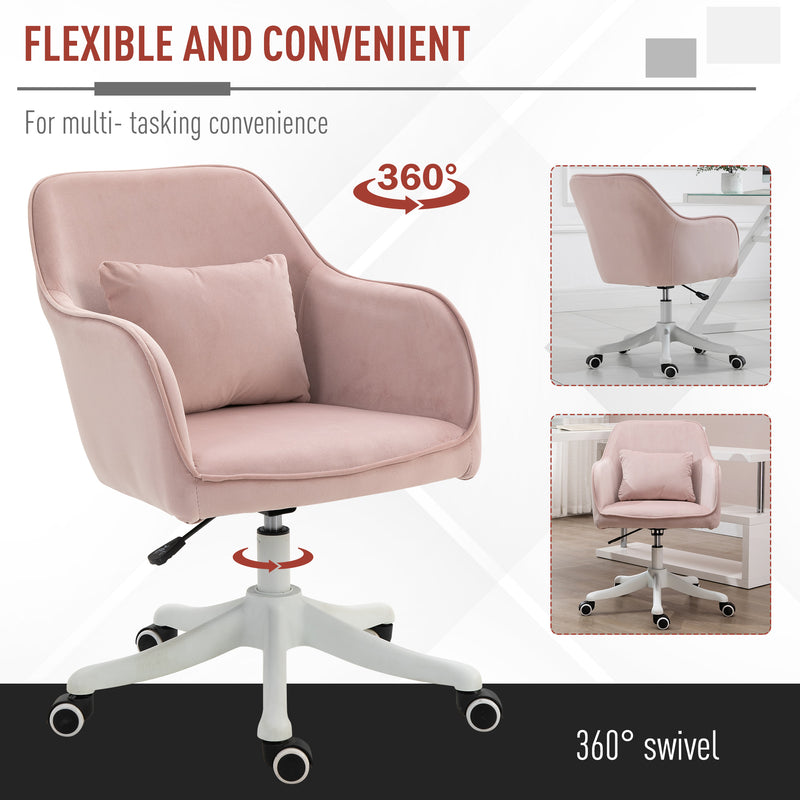 Velvet-Feel Tub Office Chair w/ Massage Pillow Wheels Adjustable Height Ergonomic Padding Luxe Home Style Seat Pink