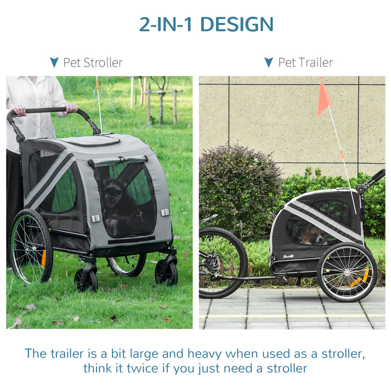 Dog Bike Trailer 2-in-1 Pet Stroller Cart Bicycle Carrier Attachment for Travel in steel frame with Universal Wheel Reflectors Flag Grey