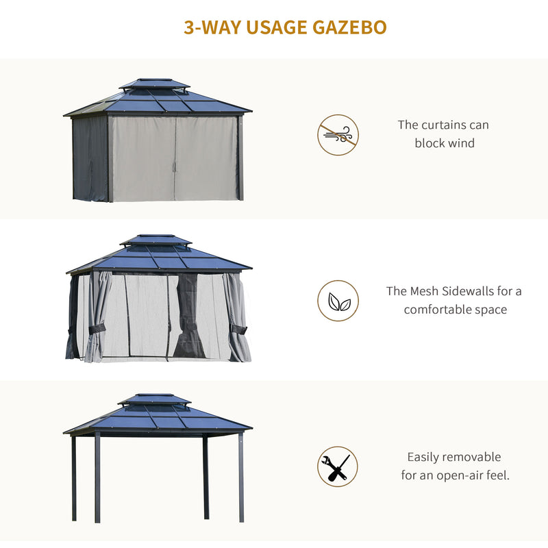 3.6 x 3(m) Polycarbonate Hardtop Gazebo Canopy with Double-Tier Roof and Aluminium Frame, Garden Pavilion with Mosquito Netting and Curtains