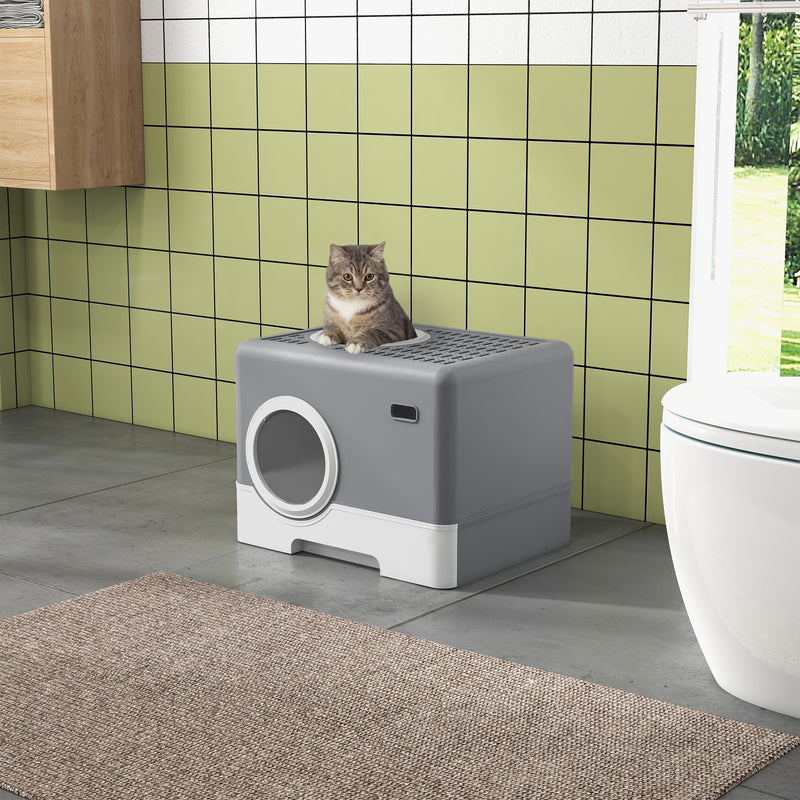 Cat Litter Box Enclosed with Lid Front Entry Top Exit, Drawer Tray, Scoop, 52L x 41W x 38.5Hcm - Grey