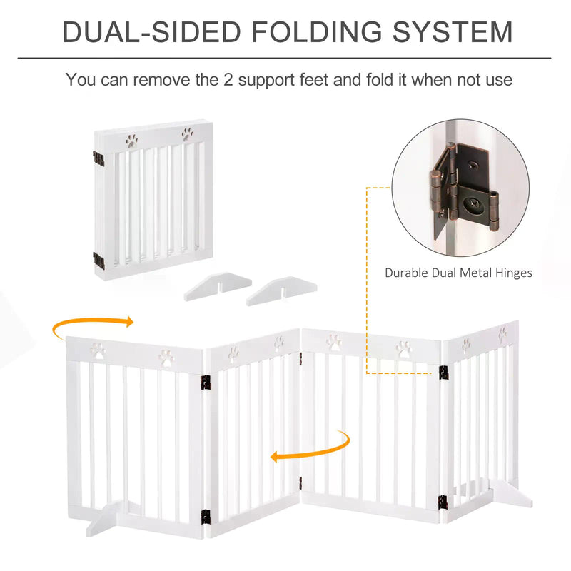 Pet Gate 4 Panel Folding Wooden Dog Barrier Freestanding Dog Gate For Stairs w/ Support Feet