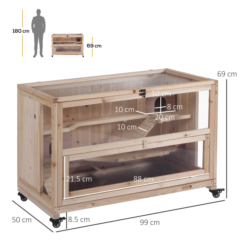 Wooden Hamster Cage, Mice Rodent Small Animals Kit Hutch, 3 Tiers Exercise Play House, with Wheels, Bottom Tray, 99 x 50 x 69 cm, Natural Wood
