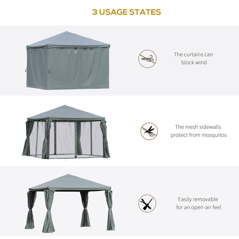 3(m) Garden Gazebo Canopy Party Tent Garden Pavilion Patio Shelter Aluminum Frame with Curtains, Netting Sidewalls, Grey