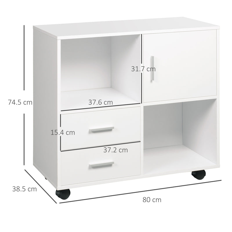 Printer Stand with Wheels, Mobile Printer Table with Open Shelves, Drawers and Enclosed Compartment for Home Office, White