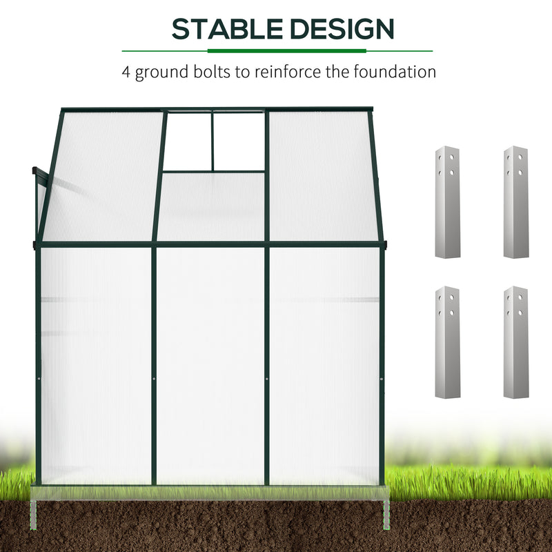 Walk-In Lean to Greenhouse Garden Heavy Duty Aluminium Polycarbonate with Roof Vent for Plants Herbs Vegetables, Green, 192 x 127 x 220 cm