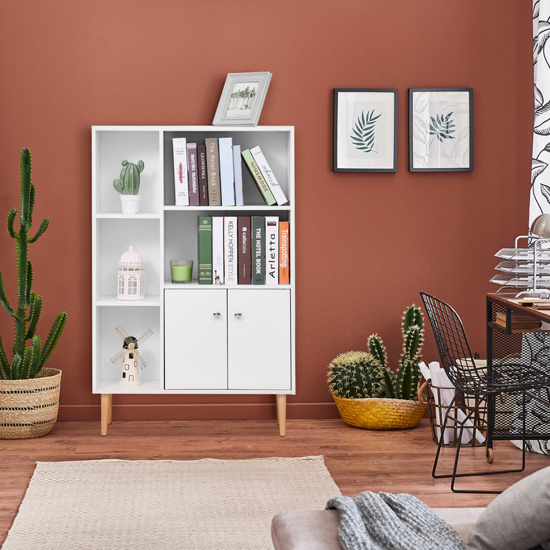 Open Bookcase Storage Cabinet Shelves Unit Free Standing w/ Two Doors Wooden Display White