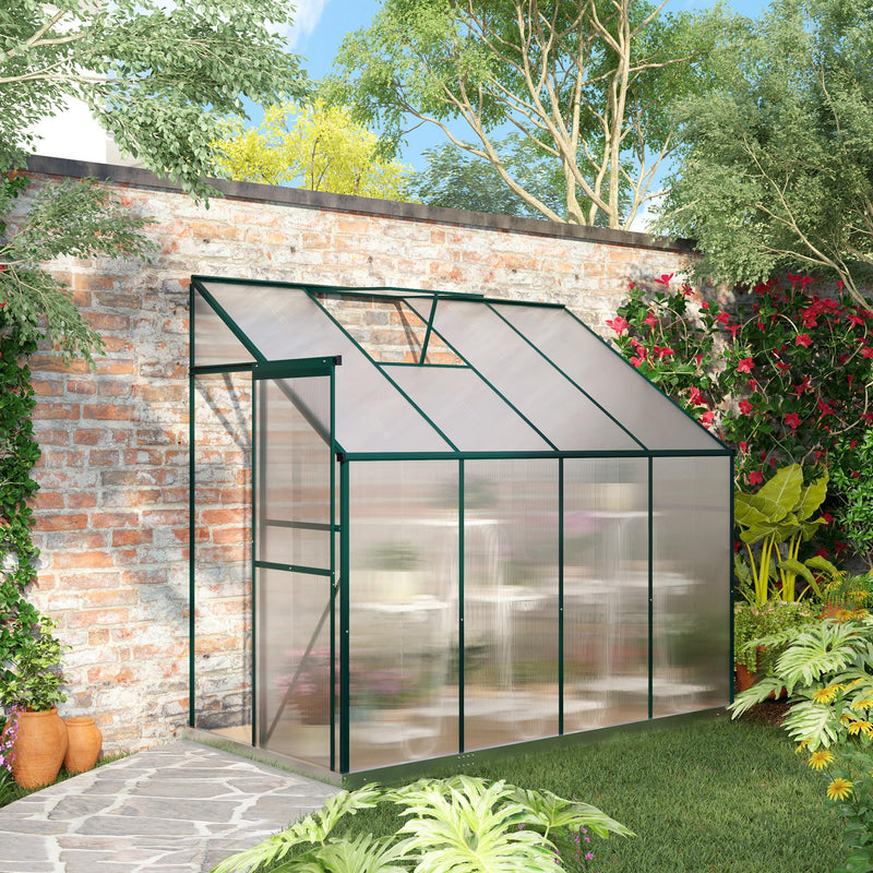 Walk-In Greenhouse Lean to Wall Greenhouse Garden Heavy Duty Aluminium Polycarbonate with Roof Vent for Plants, 253 x 127 x 220 cm