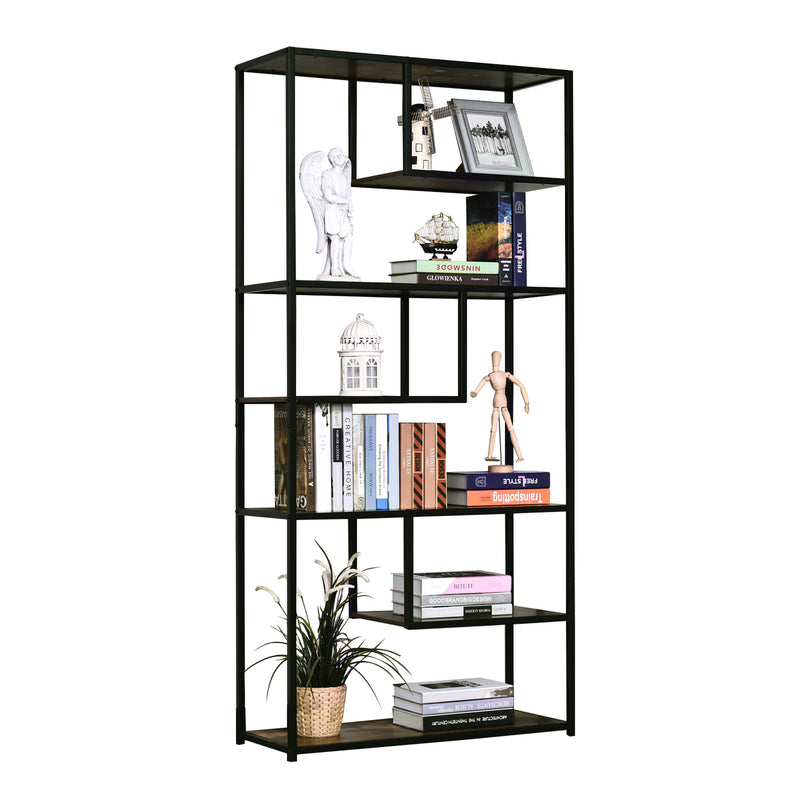 Wood Shelf Bookcase Industrial Style Stand 6-Staggered Shelf Living Room Display Rack Organiser