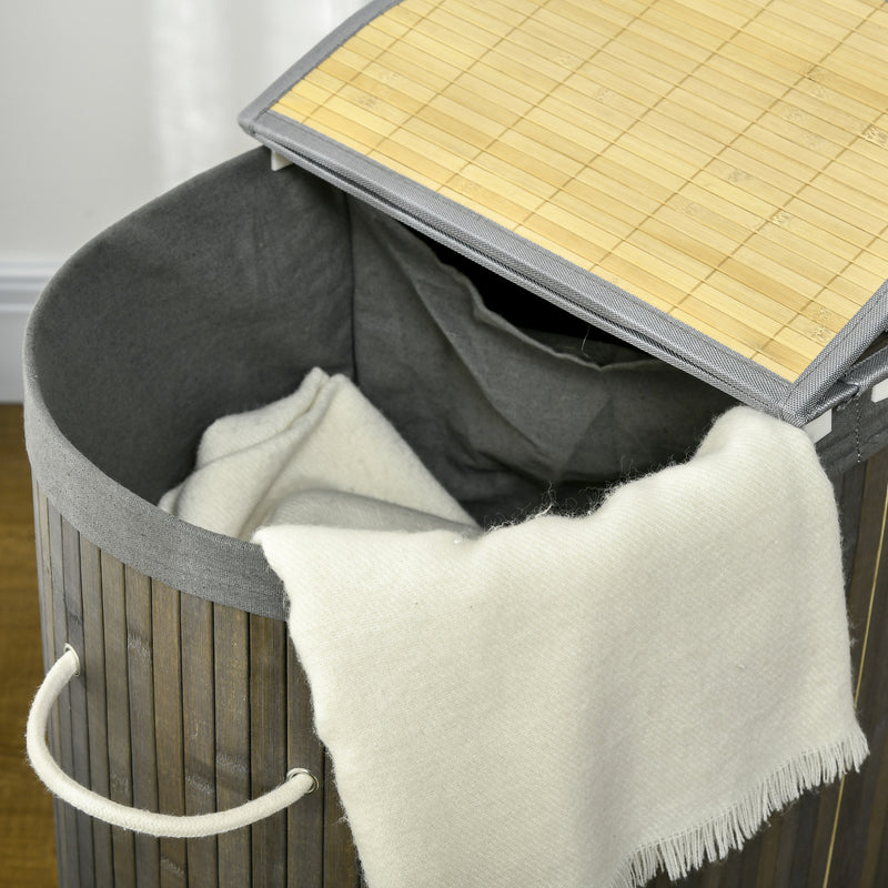 Bamboo Laundry Basket with Lid, 100 Litres Laundry Hamper with 2 Sections, Removable Washable Lining, Washing Baskets, 62.5 x 37 x 60.5cm, Grey