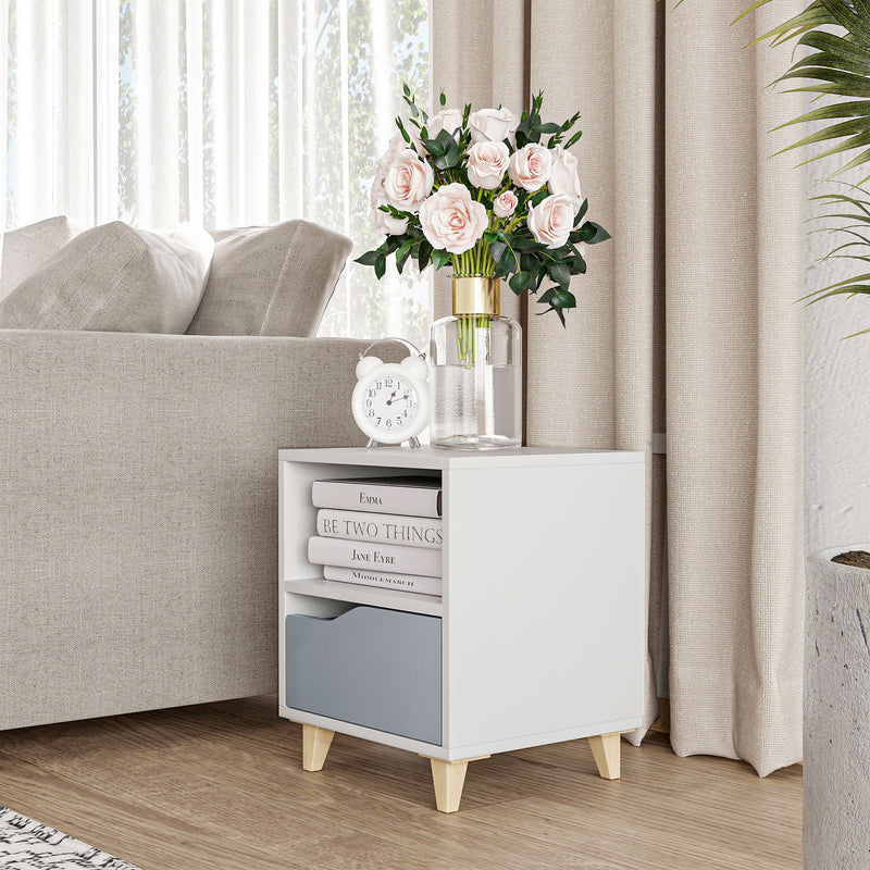 Modern Bedside Table, Side End Table with Shelf, Drawer and Wood Legs, 36.8cmx33cmx43.8cm, White and Grey