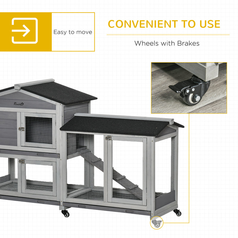 Two-Tier Rabbit Hutch and Run Wooden Mobile Guinea Pig Hutch Bunny Cage w/ Wheels, Run, Slide-Out Tray, Ramp 157.4 x 53 x 99.5 cm