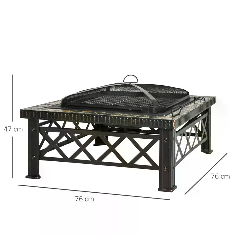 3 in 1 Square Fire Pit Square Table Metal Brazier for Garden, Patio with BBQ Grill Shelf, Spark Screen Cover, Grate, Poker, 76 x 76 x 47cm