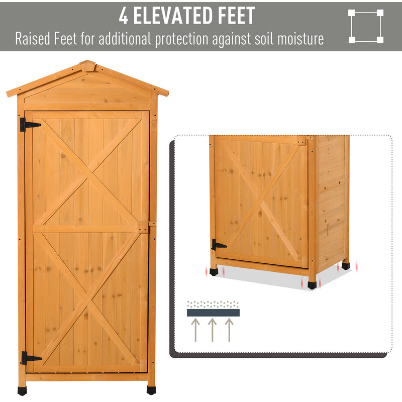 Wooden Garden Cabinet 3-Tier Storage Shed 2 Shelves Lockable Organizer with Hooks Foot Pad 74 x 55 x 155cm Dark Yellow