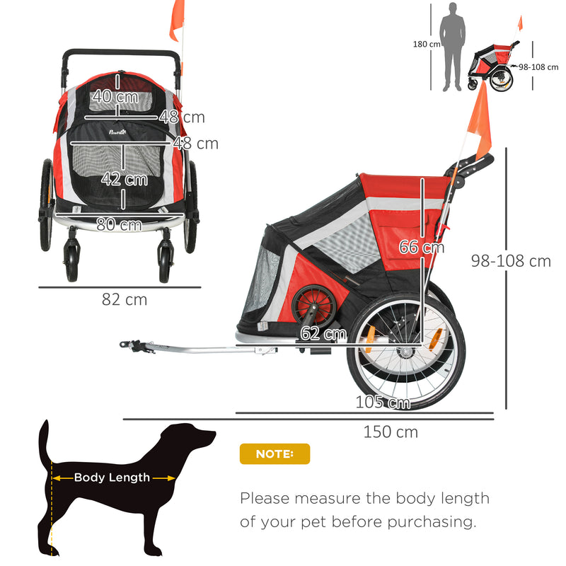 Dog Bike Trailer, Two-In-One Foldable Pet Bike Trailer w/ Safety Leash, Flag, for Small Cats, Puppies, Camping, Hiking - Red