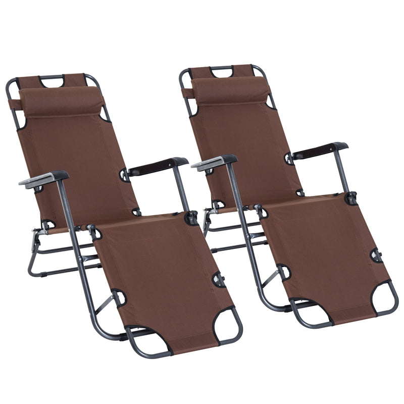 2 Pieces Foldable Sun Loungers with Adjustable Back, Outdoor Reclining Garden Chairs with Pillow and Armrests, Brown