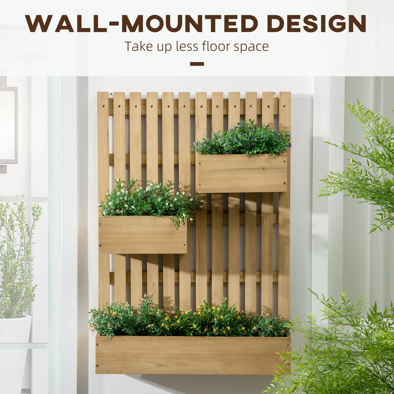 Wall-mounted Wooden Garden Planters with Trellis, Drainage Holes and 3 Movable Planter Boxes, Wall Raised Garden Bed for Patio, Natural