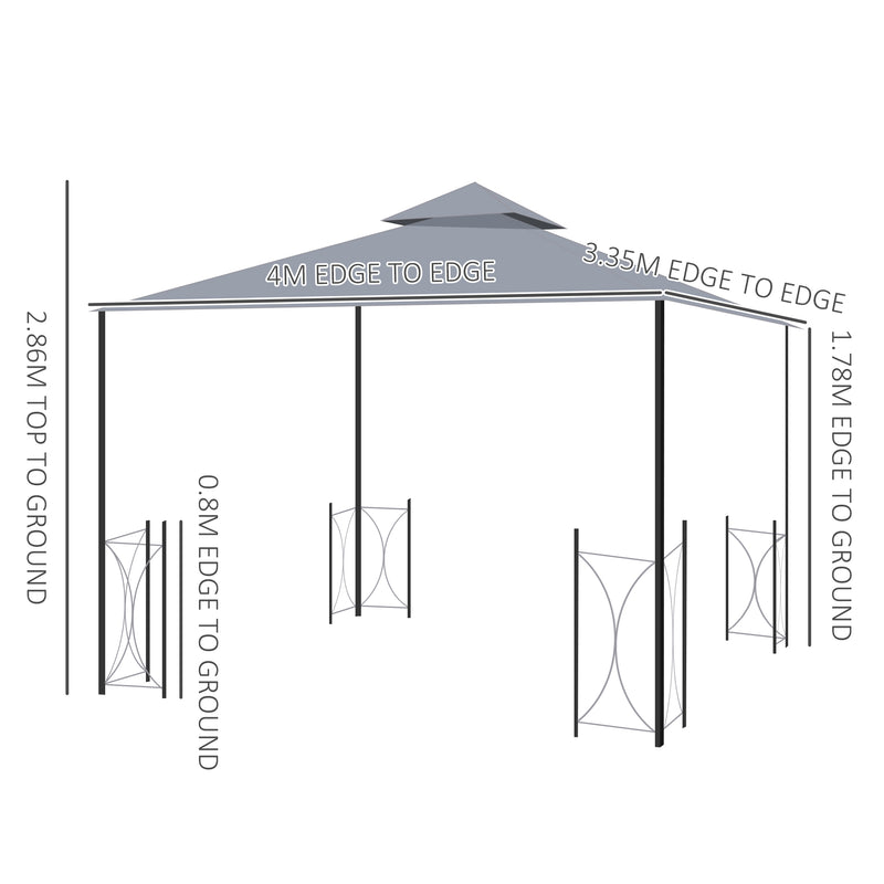 4 x 3.35(m) Patio Metal Gazebo Canopy Garden Tent Sun Shade, Outdoor Shelter with 2 Tier Roof, Netting and Curtains, Steel Frame, Grey