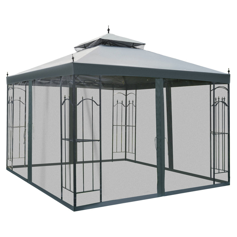 3(M)x3(M) Garden Gazebo Double Top Outdoor Canopy Patio Event Party Wedding Tent Backyard Sun Shade with Mesh Curtain - Grey