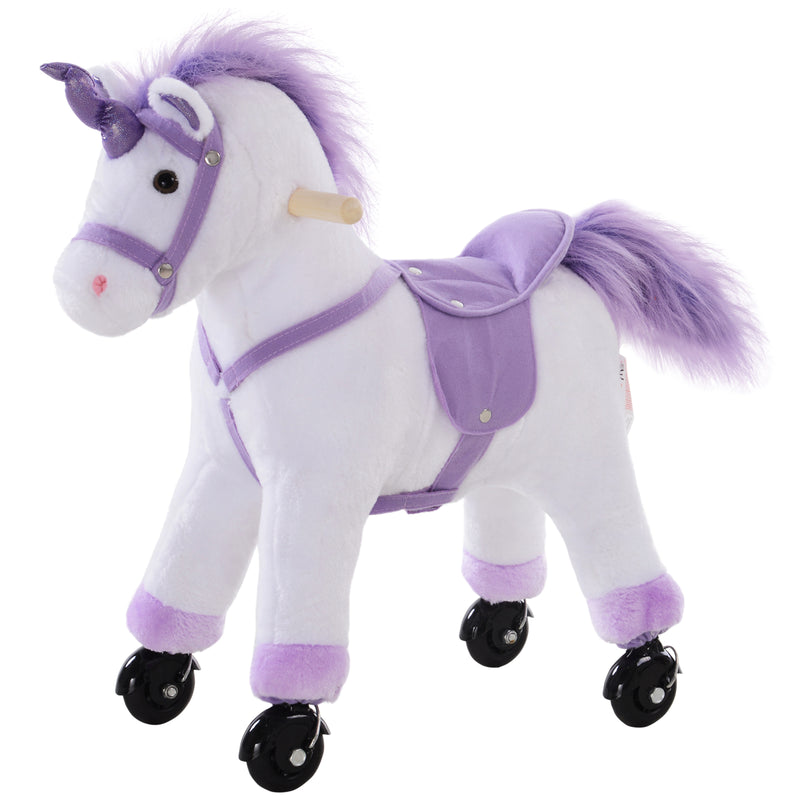 Four Wheel Sit-On Unicorn Horse Neigh Button Plush Safe Seat Handlebar Wood Frame