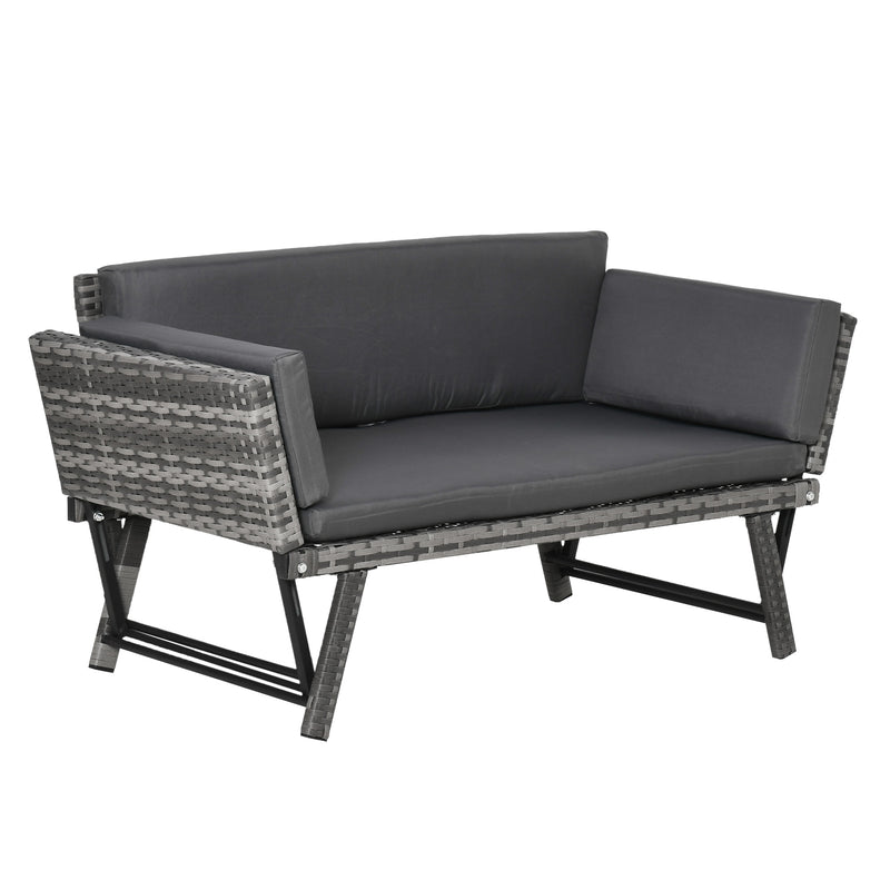 2 Seater Rattan Folding Daybed Sofa Bench Garden Chaise Lounger Loveseat with Cushion Outdoor Patio Grey