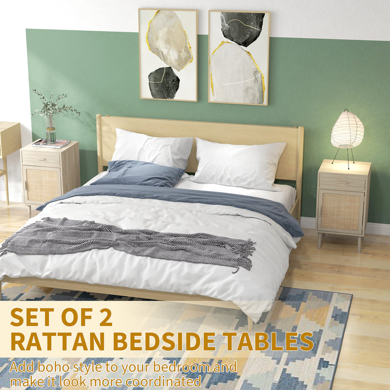 Bedside Tables Set of 2, Rattan Side Tables with Drawer, Cabinet, Adjustable Shelf, Bedside Cabinets with Storage for Bedroom, Living Room, Natural Wood Effect